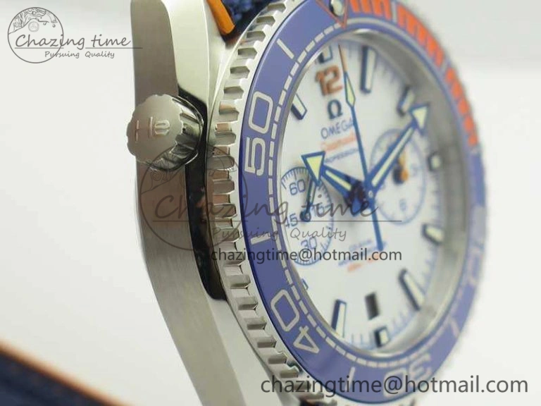 Planet Ocean Master Chronometer OMF SS Blue Orange Bezel White Dial On Nylon Strap A9900 (Black Balance Wheel) V Resilient 8081