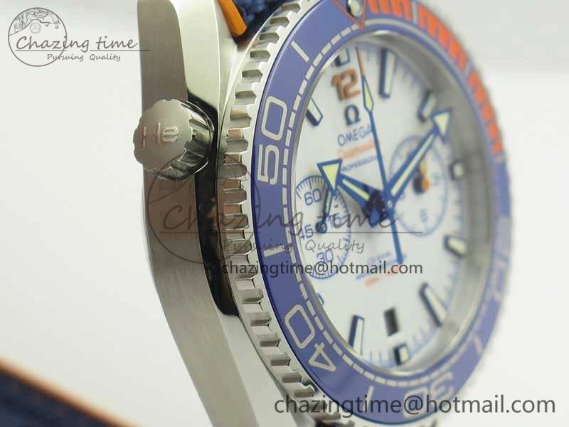 Planet Ocean Master Chronometer OMF SS Blue Orange Bezel White Dial On Nylon Strap A9900 (Black Balance Wheel) V Resilient 8081