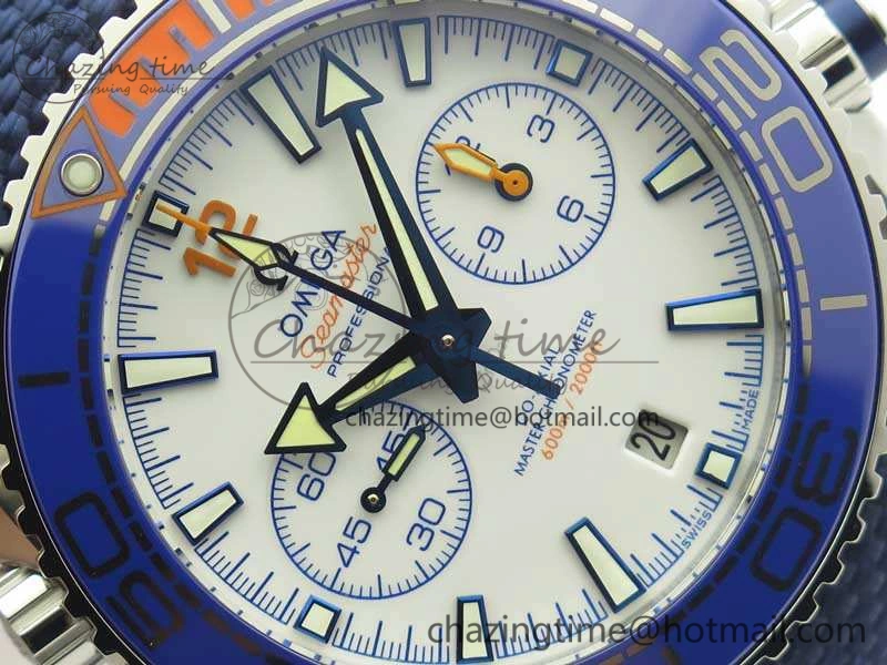 Planet Ocean Master Chronometer OMF SS Blue Orange Bezel White Dial On Nylon Strap A9900 (Black Balance Wheel) V Resilient 8081