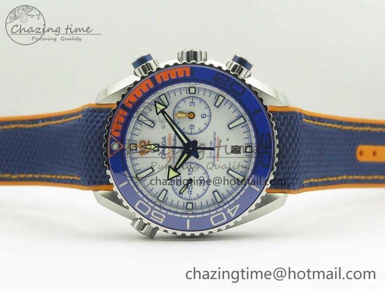 Planet Ocean Master Chronometer OMF SS Blue Orange Bezel White Dial On Nylon Strap A9900 (Black Balance Wheel) V Resilient 8081
