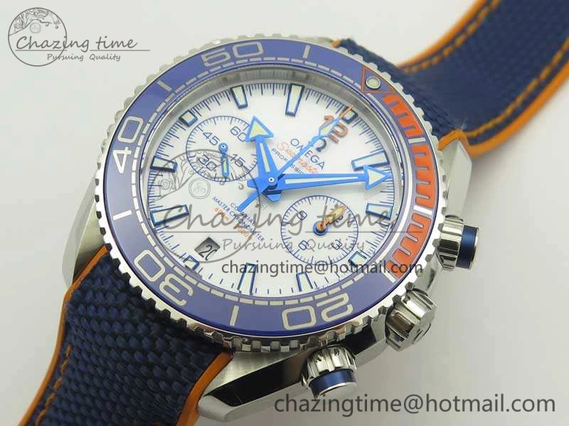 Planet Ocean Master Chronometer OMF SS Blue Orange Bezel White Dial On Nylon Strap A9900 (Black Balance Wheel) V Resilient 8081