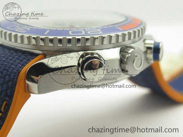 Planet Ocean Master Chronometer OMF SS Blue Orange Bezel White Dial On Nylon Strap A9900 (Black Balance Wheel) V Resilient 8081