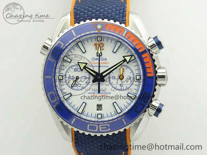 Planet Ocean Master Chronometer OMF SS Blue Orange Bezel White Dial On Nylon Strap A9900 (Black Balance Wheel) V Resilient 8081