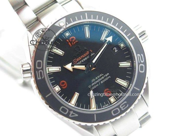 Contemporary Planet Ocean SS Bp Maker 45mm Black Bezel Orange Numbers On SS Bracelet A 8217