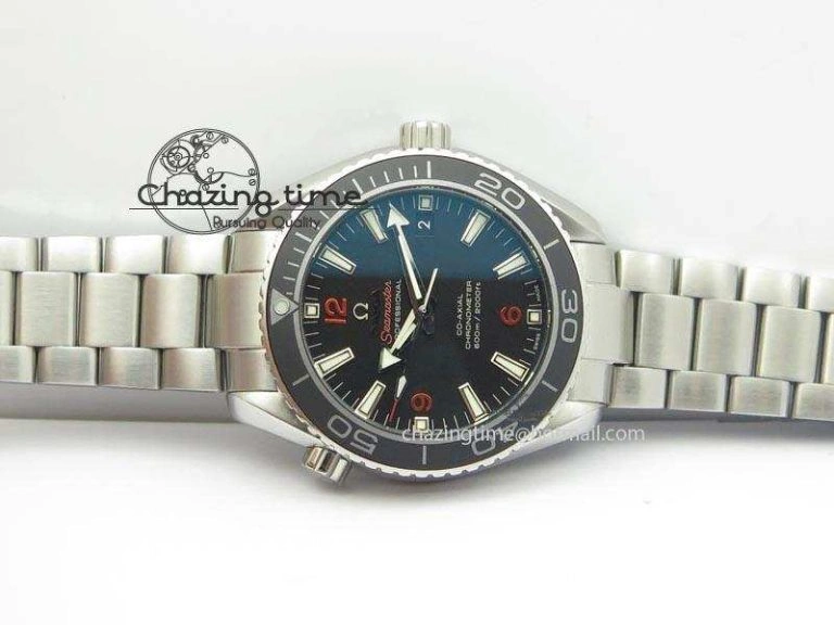 Contemporary Planet Ocean SS Bp Maker 45mm Black Bezel Orange Numbers On SS Bracelet A 8217