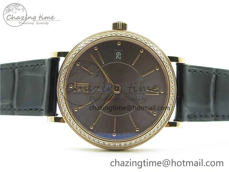 Portofino 37mm RG V7F 1:1 Best Edition Gray Dial Diamonds Bezel on Black Leather Strap A Minimalist 7089