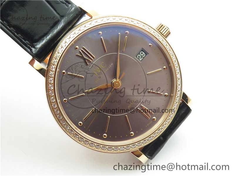 Portofino 37mm RG V7F 1:1 Best Edition Gray Dial Diamonds Bezel on Black Leather Strap A Minimalist 7089
