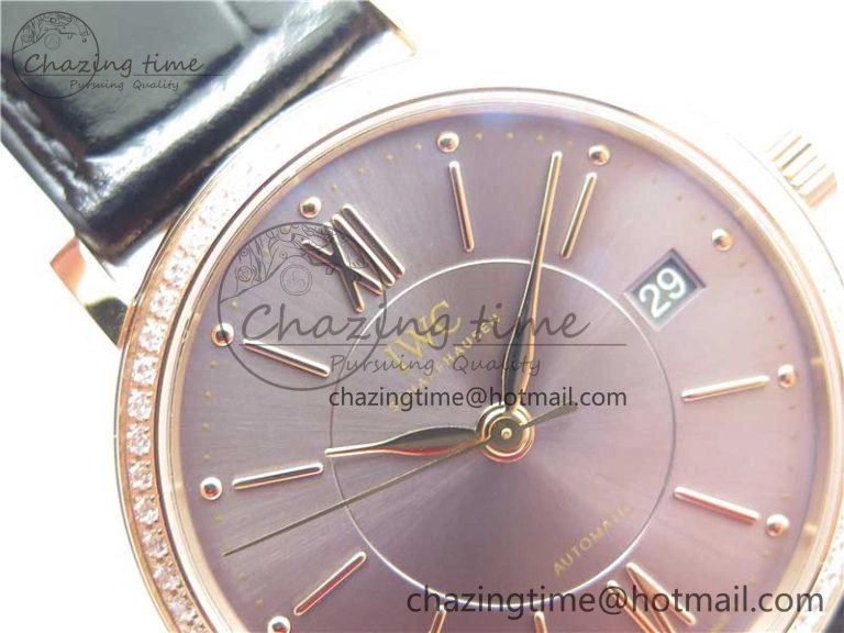 Portofino 37mm RG V7F 1:1 Best Edition Gray Dial Diamonds Bezel on Black Leather Strap A Minimalist 7089