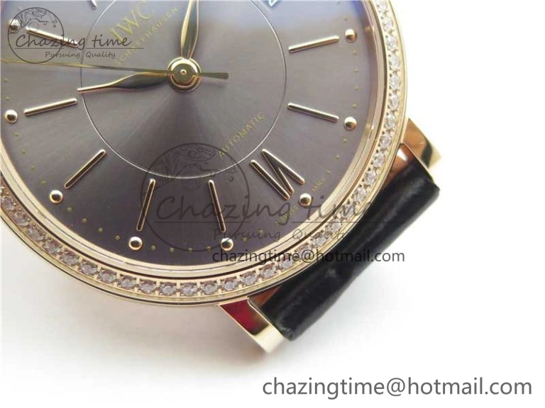 Portofino 37mm RG V7F 1:1 Best Edition Gray Dial Diamonds Bezel on Black Leather Strap A Minimalist 7089