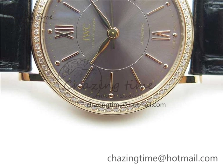 Portofino 37mm RG V7F 1:1 Best Edition Gray Dial Diamonds Bezel on Black Leather Strap A Minimalist 7089