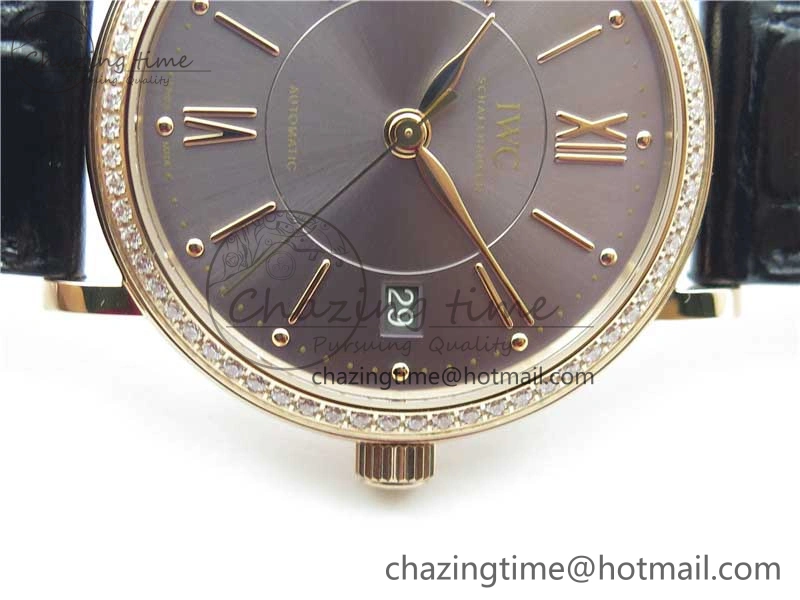Portofino 37mm RG V7F 1:1 Best Edition Gray Dial Diamonds Bezel on Black Leather Strap A Minimalist 7089