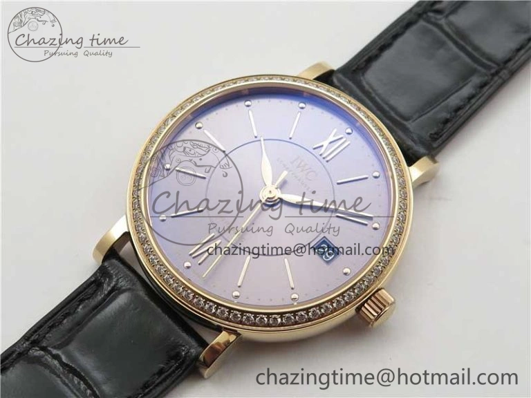 Portofino 37mm RG V7F 1:1 Best Edition Gray Dial Diamonds Bezel on Black Leather Strap A Minimalist 7089