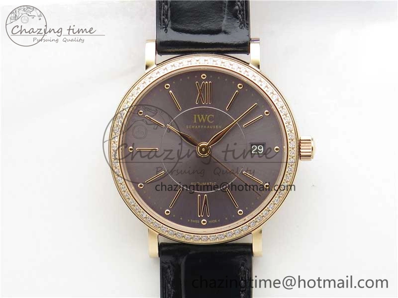 Portofino 37mm RG V7F 1:1 Best Edition Gray Dial Diamonds Bezel on Black Leather Strap A Minimalist 7089