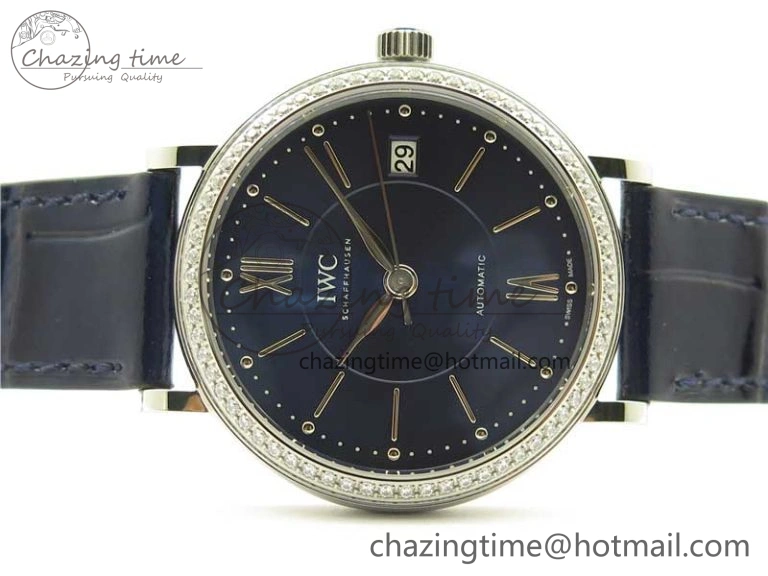 Soft Portofino 37mm SS V7F 1:1 Best Edition Blue Dial Diamonds Bezel on Blue Leather Strap A 10441