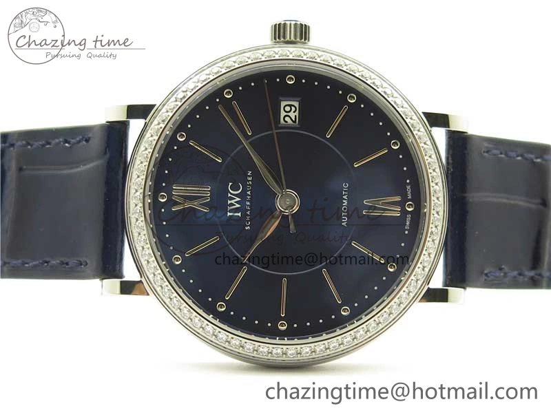 Soft Portofino 37mm SS V7F 1:1 Best Edition Blue Dial Diamonds Bezel on Blue Leather Strap A 10441