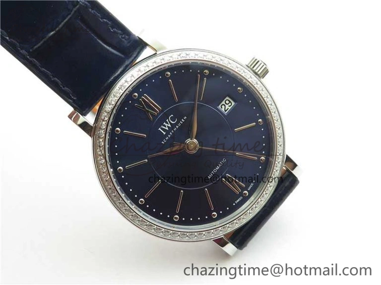 Soft Portofino 37mm SS V7F 1:1 Best Edition Blue Dial Diamonds Bezel on Blue Leather Strap A 10441