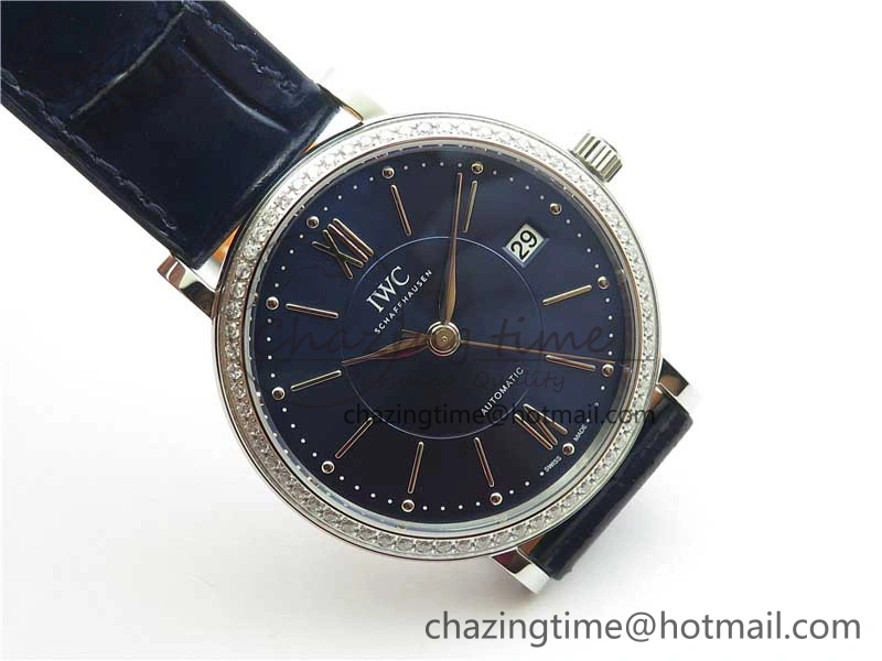 Soft Portofino 37mm SS V7F 1:1 Best Edition Blue Dial Diamonds Bezel on Blue Leather Strap A 10441