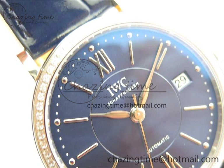 Soft Portofino 37mm SS V7F 1:1 Best Edition Blue Dial Diamonds Bezel on Blue Leather Strap A 10441