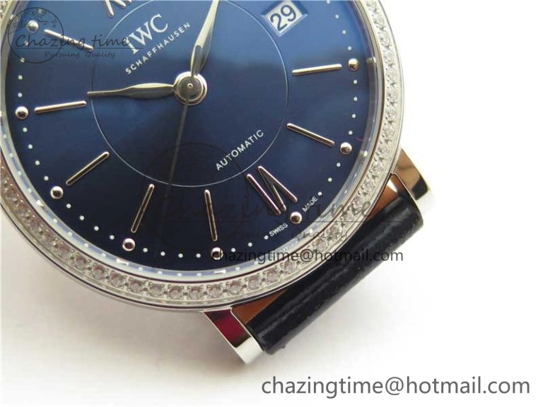Soft Portofino 37mm SS V7F 1:1 Best Edition Blue Dial Diamonds Bezel on Blue Leather Strap A 10441