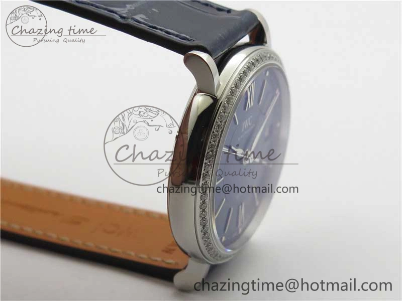 Soft Portofino 37mm SS V7F 1:1 Best Edition Blue Dial Diamonds Bezel on Blue Leather Strap A 10441