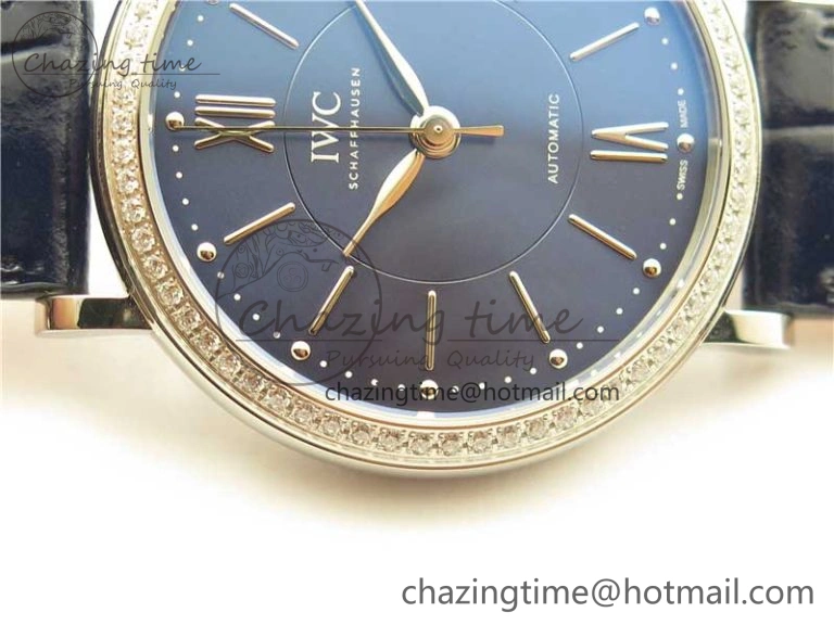 Soft Portofino 37mm SS V7F 1:1 Best Edition Blue Dial Diamonds Bezel on Blue Leather Strap A 10441