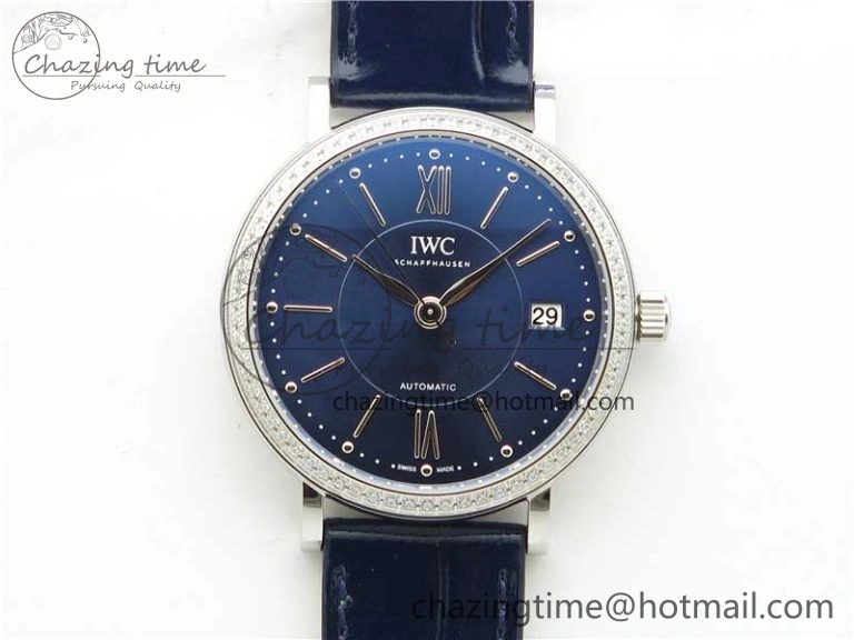 Effortless Portofino 37mm SS V7F 1:1 Best Edition Blue Dial Diamonds Bezel on Blue Leather Strap A 7093