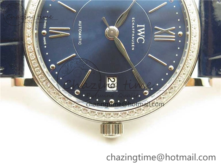 Soft Portofino 37mm SS V7F 1:1 Best Edition Blue Dial Diamonds Bezel on Blue Leather Strap A 10441