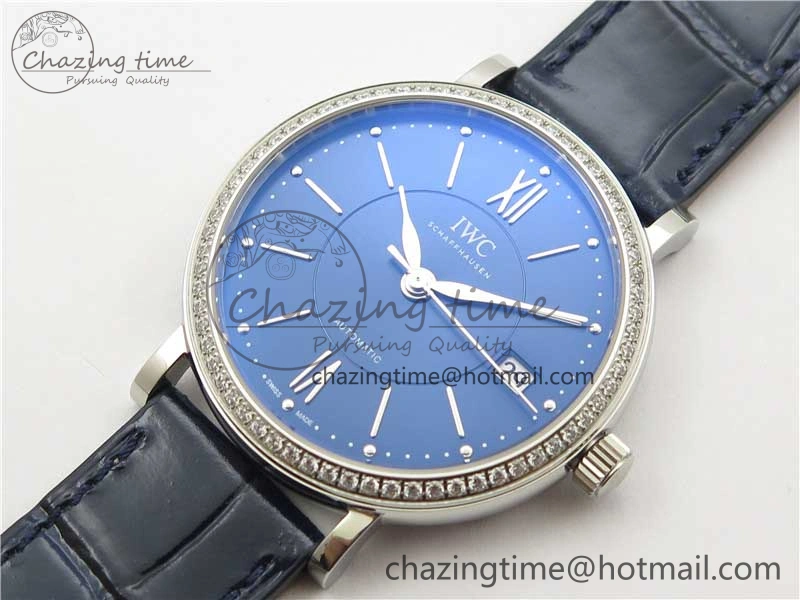 Soft Portofino 37mm SS V7F 1:1 Best Edition Blue Dial Diamonds Bezel on Blue Leather Strap A 10441