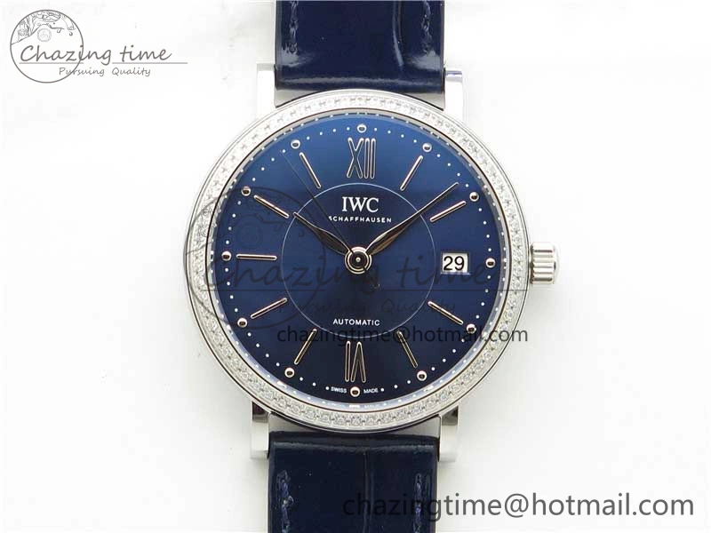 Soft Portofino 37mm SS V7F 1:1 Best Edition Blue Dial Diamonds Bezel on Blue Leather Strap A 10441