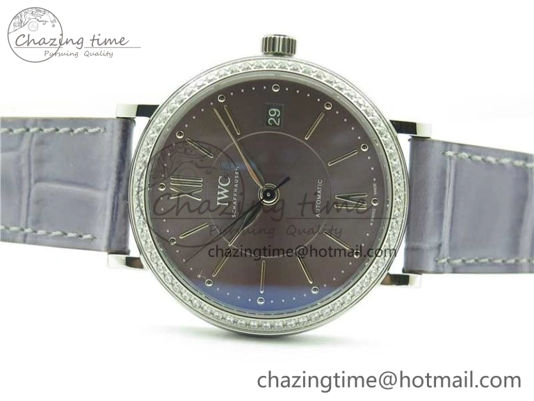 ModernLook Portofino 37mm SS V7F 1:1 Best Edition Gray Dial Diamonds Bezel on Gray Leather Strap A 10442