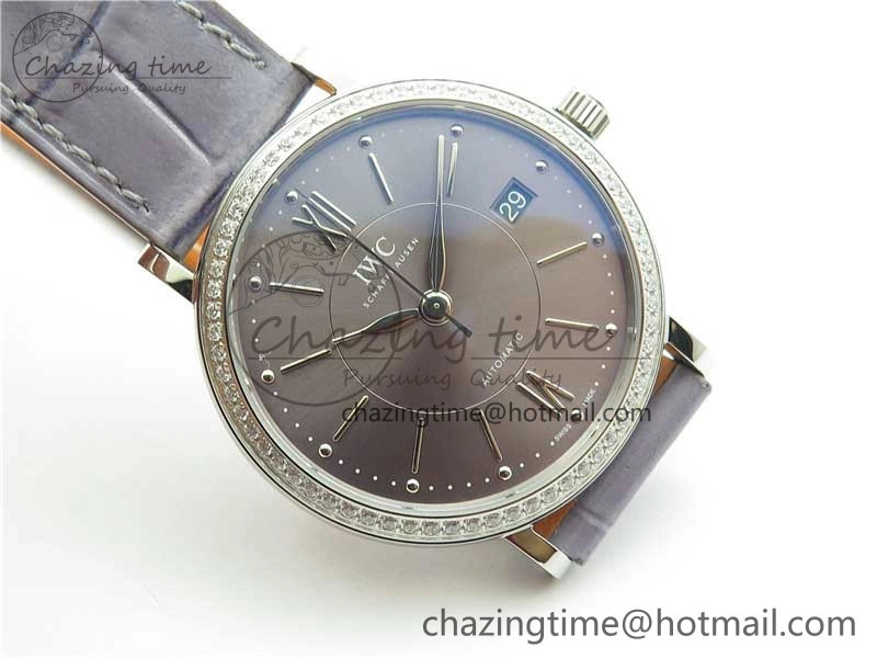 ModernLook Portofino 37mm SS V7F 1:1 Best Edition Gray Dial Diamonds Bezel on Gray Leather Strap A 10442