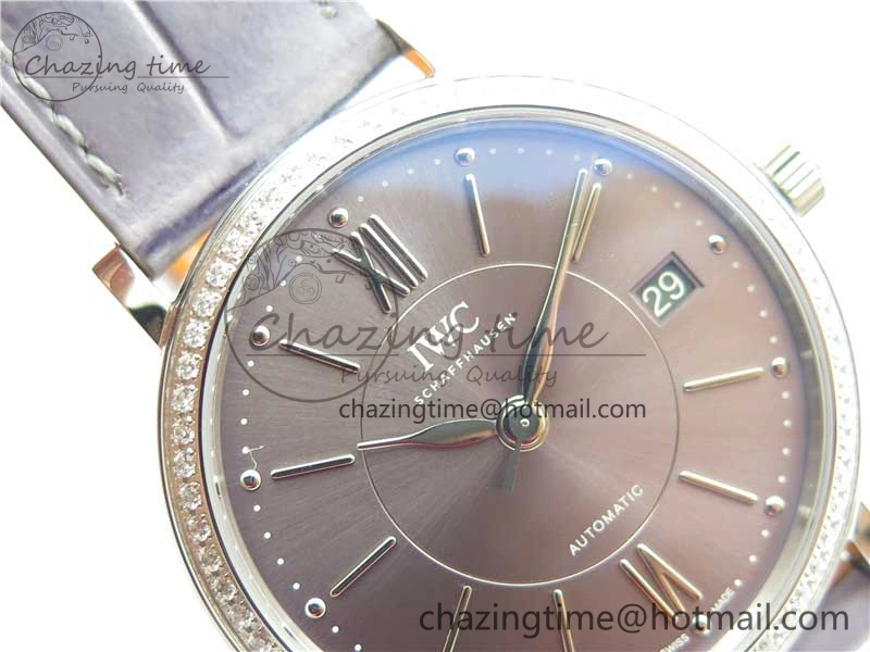 ModernLook Portofino 37mm SS V7F 1:1 Best Edition Gray Dial Diamonds Bezel on Gray Leather Strap A 10442
