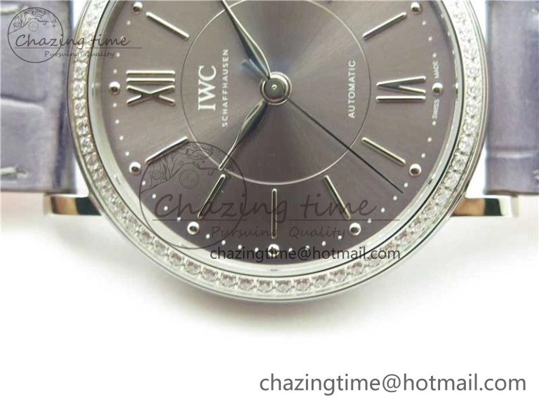 ModernLook Portofino 37mm SS V7F 1:1 Best Edition Gray Dial Diamonds Bezel on Gray Leather Strap A 10442
