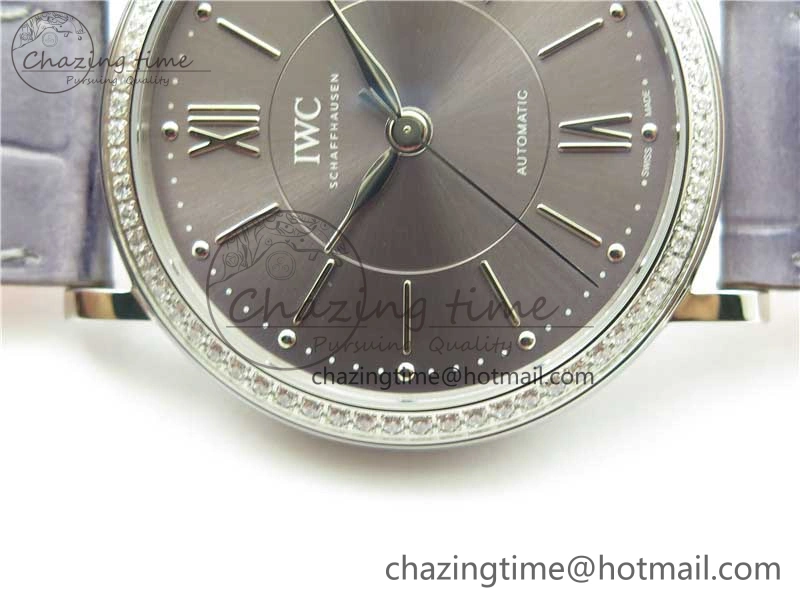 ModernLook Portofino 37mm SS V7F 1:1 Best Edition Gray Dial Diamonds Bezel on Gray Leather Strap A 10442