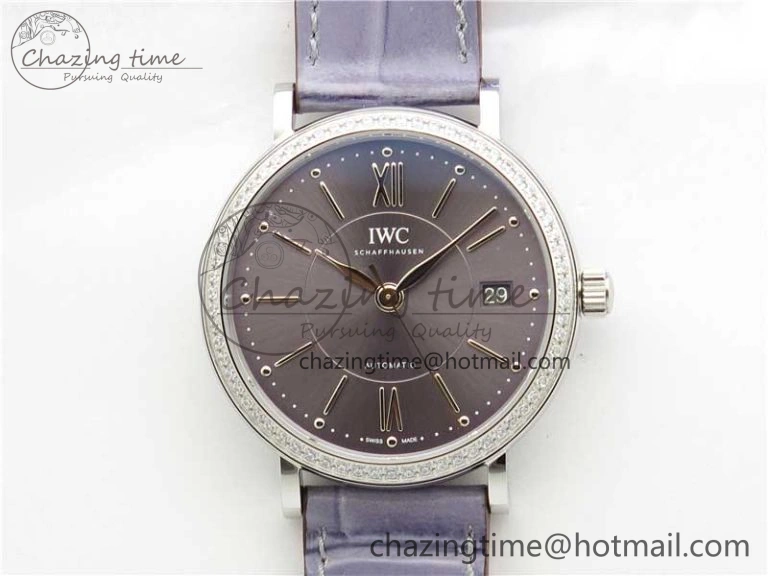 Popular Portofino 37mm SS V7F 1:1 Best Edition Gray Dial Diamonds Bezel on Gray Leather Strap A 7091