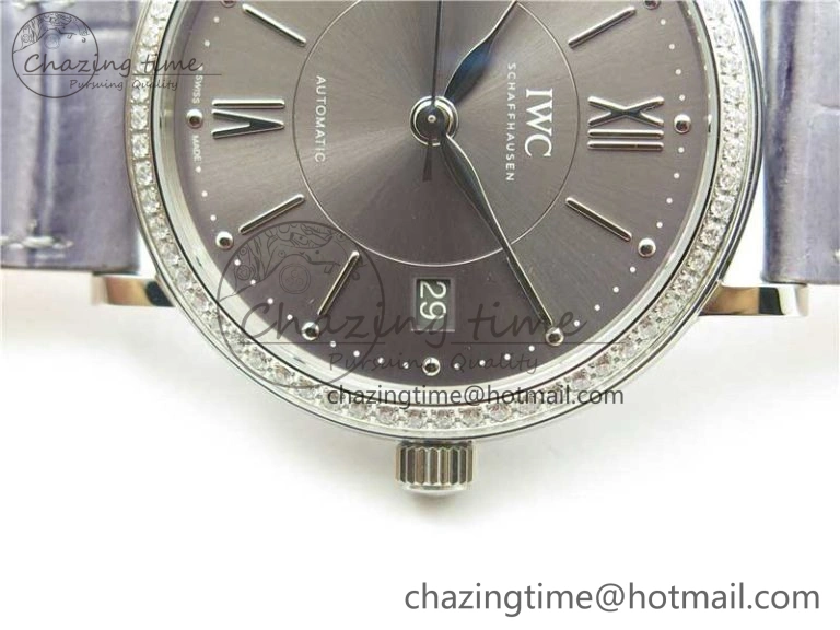 ModernLook Portofino 37mm SS V7F 1:1 Best Edition Gray Dial Diamonds Bezel on Gray Leather Strap A 10442