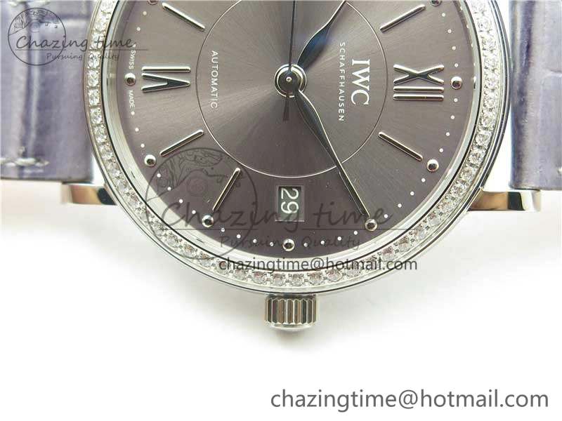 ModernLook Portofino 37mm SS V7F 1:1 Best Edition Gray Dial Diamonds Bezel on Gray Leather Strap A 10442