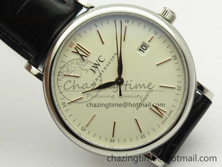 Portofino Automatic SS FKF 1:1 Best Edition White Dial RG Markers on Black Leather Strap A HighQuality 7141