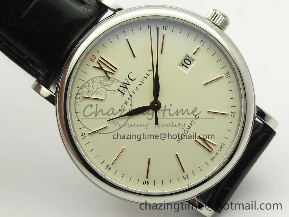 Portofino Automatic SS FKF 1:1 Best Edition White Dial RG Markers on Black Leather Strap A HighQuality 7141