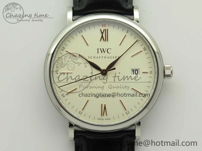 Portofino Automatic SS FKF 1:1 Best Edition White Dial RG Markers on Black Leather Strap A HighQuality 7141