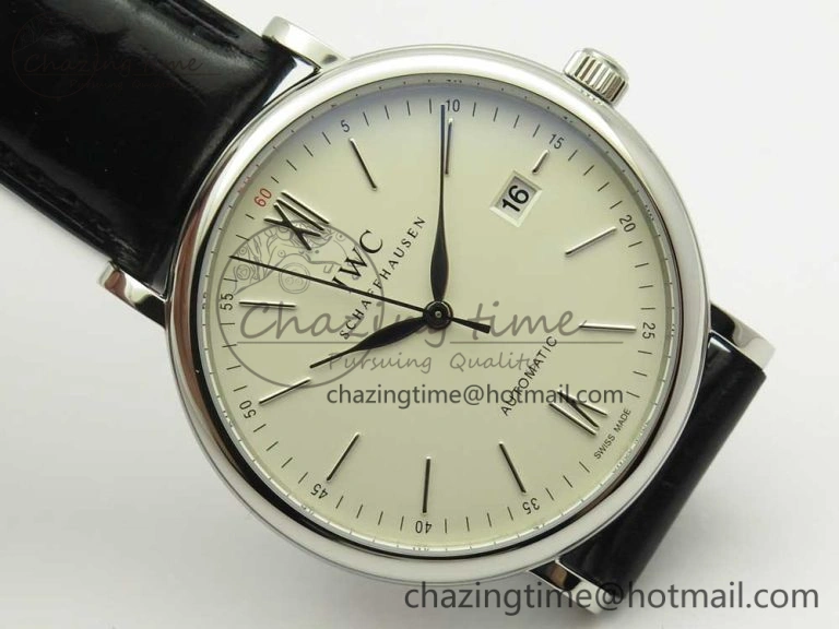 Portofino Automatic SS FKF 1:1 Best Edition White Dial SS Markers on Black Leather Strap A Lightweight 7138
