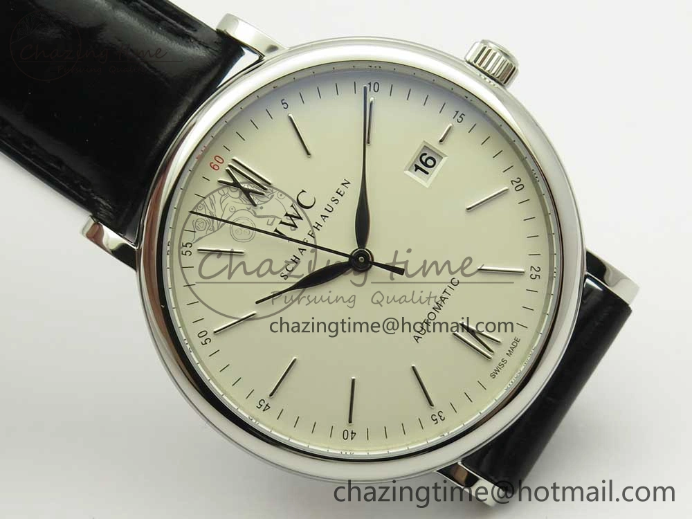 Portofino Automatic SS FKF 1:1 Best Edition White Dial SS Markers on Black Leather Strap A Lightweight 7138