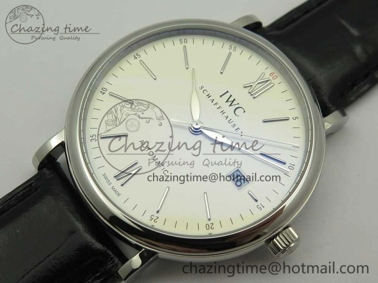 Portofino Automatic SS FKF 1:1 Best Edition White Dial SS Markers on Black Leather Strap A Lightweight 7138