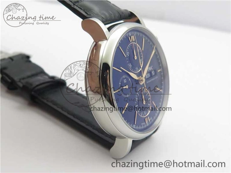 TimelessDesign Portofino Chrono SS ZF 1:1 Best Edition Blue Dial Gold Markers on Black Leather Strap A 7124