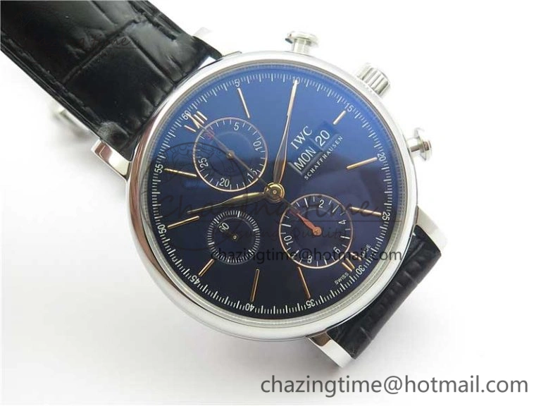 TimelessDesign Portofino Chrono SS ZF 1:1 Best Edition Blue Dial Gold Markers on Black Leather Strap A 7124