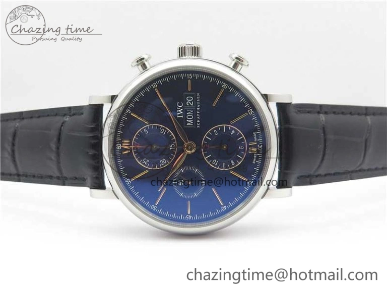 TimelessDesign Portofino Chrono SS ZF 1:1 Best Edition Blue Dial Gold Markers on Black Leather Strap A 7124