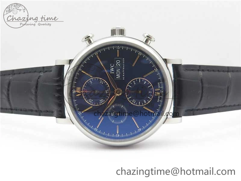 TimelessDesign Portofino Chrono SS ZF 1:1 Best Edition Blue Dial Gold Markers on Black Leather Strap A 7124