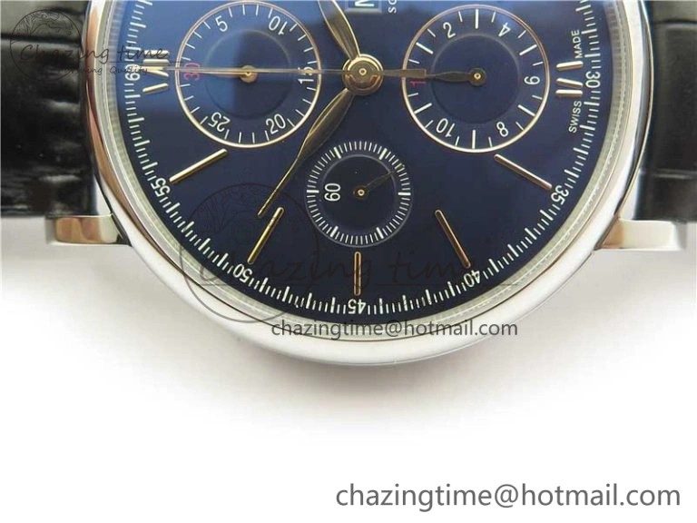 TimelessDesign Portofino Chrono SS ZF 1:1 Best Edition Blue Dial Gold Markers on Black Leather Strap A 7124