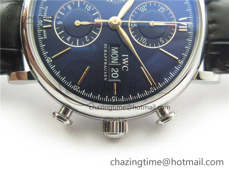 TimelessDesign Portofino Chrono SS ZF 1:1 Best Edition Blue Dial Gold Markers on Black Leather Strap A 7124