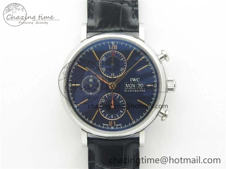TimelessDesign Portofino Chrono SS ZF 1:1 Best Edition Blue Dial Gold Markers on Black Leather Strap A 7124